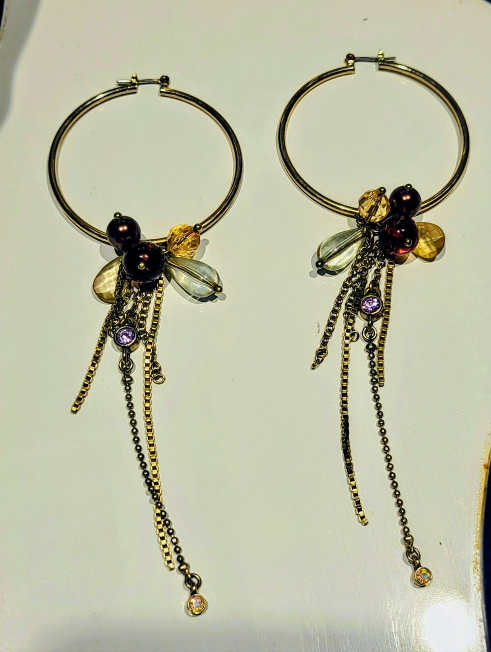 Guess : Gold Hoop Dangle Earrings with Multicolor Beads and Chain Drops